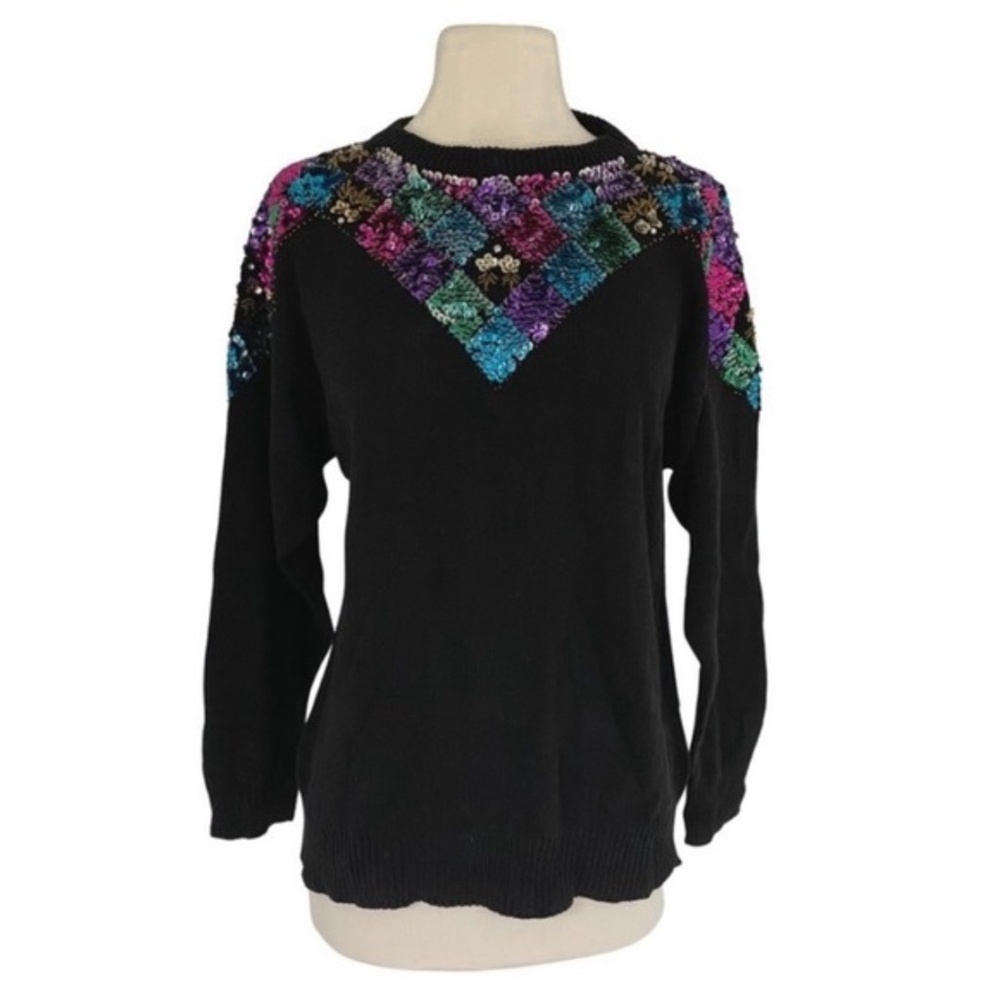 Vintage 80s 90s Sequined Knit Sweater Black Small